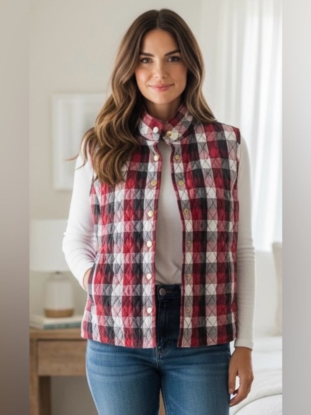 Baxter & Wells Vest XL Red 48"Plaid Quilted Snap Front Pockets Excellent
